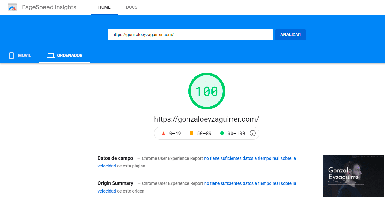 puntuación del 100% PageSpeed Insights